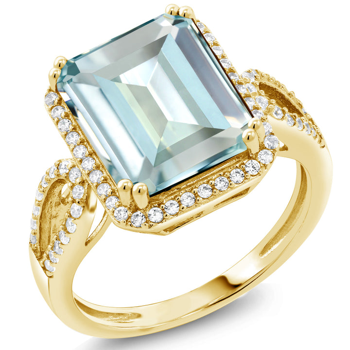 Simulated Aquamarine and Zirconia_5_Ring in 925 Yellow Gold Plated Silver