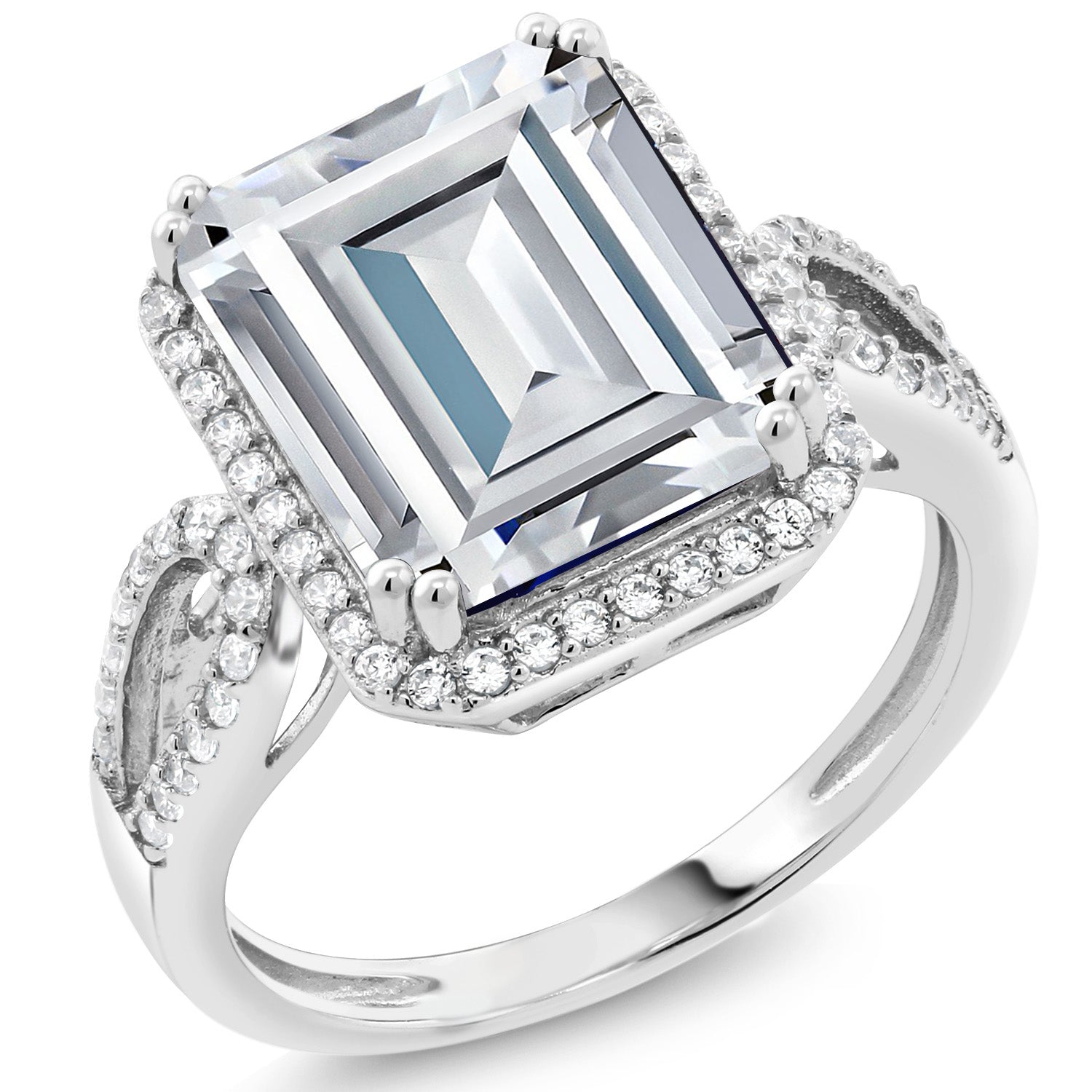 Moissanite and Zirconia_5_5-8 Cttw Halo Ring for Women | 925 Sterling Silver | Emerald Cut 12X10MM | Gemstone Birthstone | Fine Jewelry for Her Mom Wife | Available in Size 5, 6, 7, 8, 9