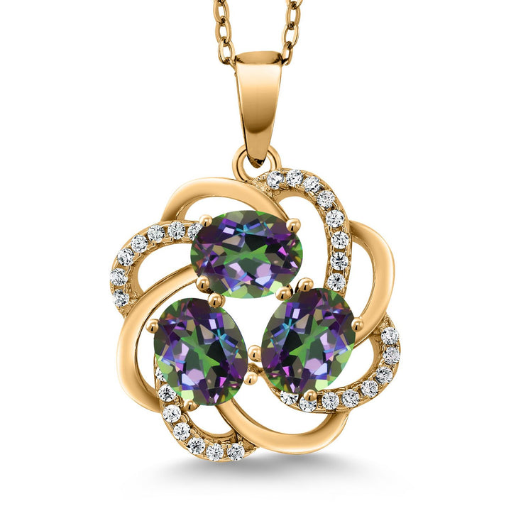 Gem Stone King 18K Yellow Gold Plated Silver Gemstone Birthstones 3 Stone Spiral Pendant Necklace for Women | Oval 6X4MM | Includes 18 Inch Chain | Fine Jewelry for Her Mom Wife