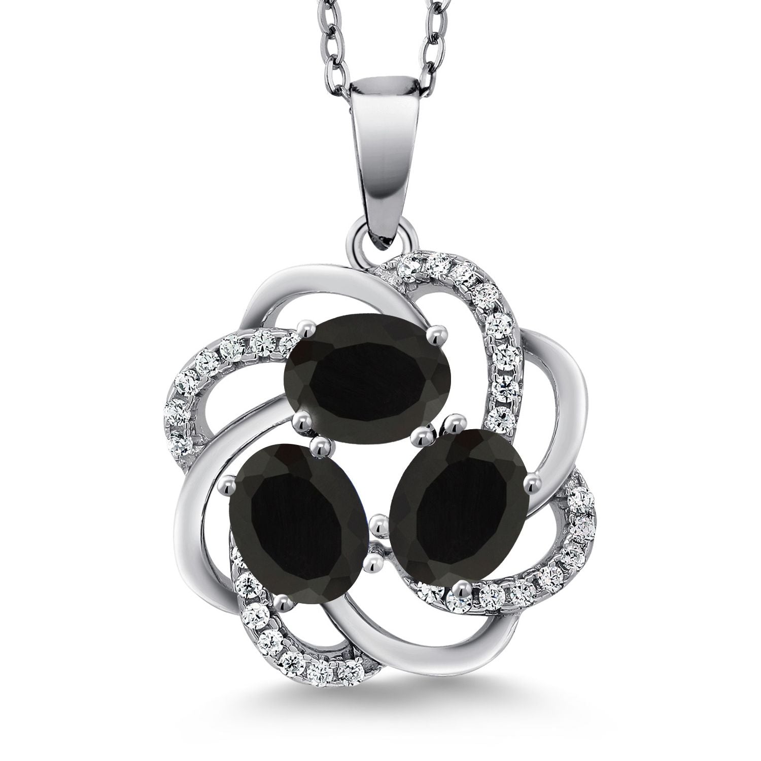 925 Sterling Silver Black Onyx 3 Stone Spiral Pendant Necklace For Women (1.57 Cttw, Gemstone Birthstone, with 18 Inch Silver Chain)