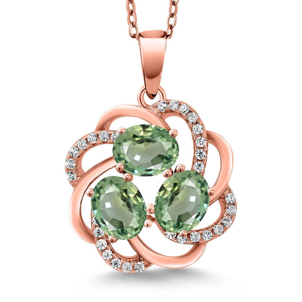 Gem Stone King 18K Rose Gold Plated Silver Gemstone Birthstones 3 Stone Spiral Pendant Necklace for Women | Oval 6X4MM | Includes 18 Inch Chain | Fine Jewelry for Her Mom Wife