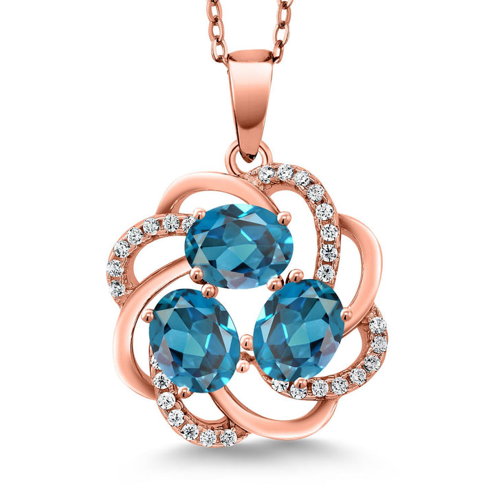 Gem Stone King 18K Rose Gold Plated Silver Gemstone Birthstones 3 Stone Spiral Pendant Necklace for Women | Oval 6X4MM | Includes 18 Inch Chain | Fine Jewelry for Her Mom Wife