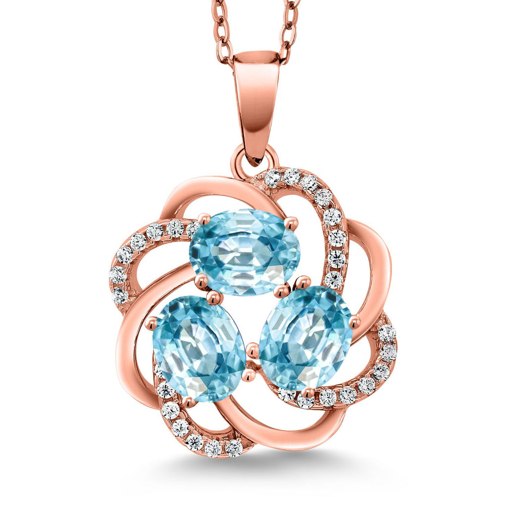 Gem Stone King 18K Rose Gold Plated Silver Gemstone Birthstones 3 Stone Spiral Pendant Necklace for Women | Oval 6X4MM | Includes 18 Inch Chain | Fine Jewelry for Her Mom Wife