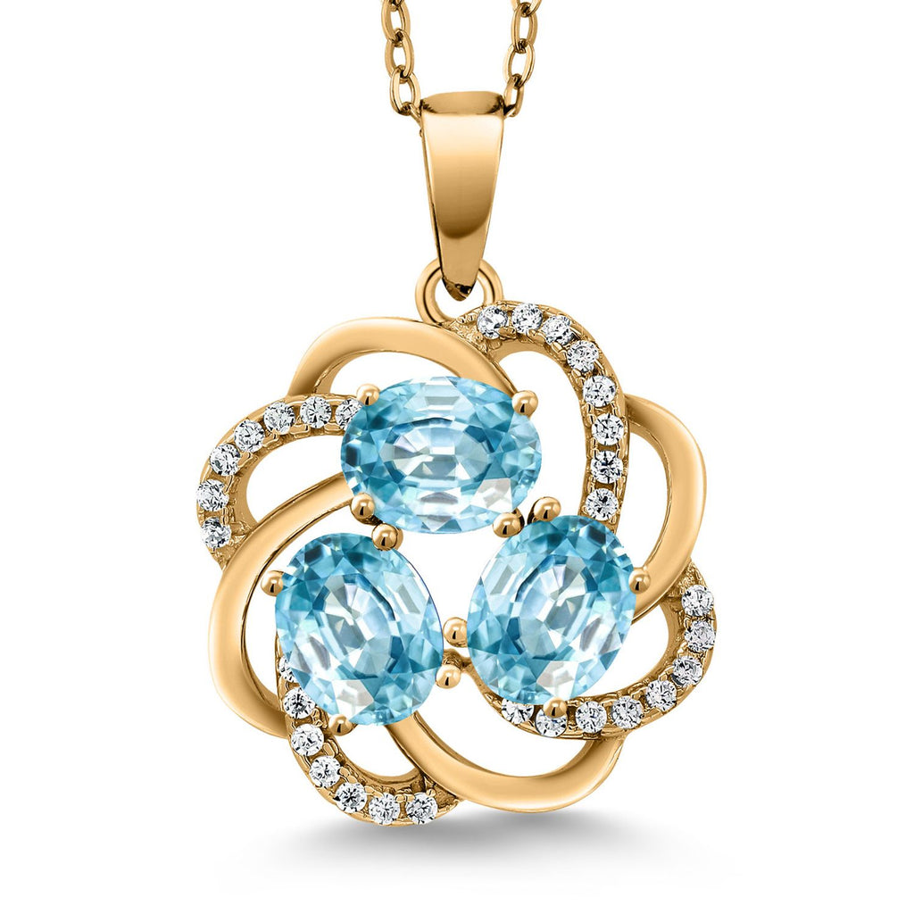 Gem Stone King 18K Yellow Gold Plated Silver Gemstone Birthstones 3 Stone Spiral Pendant Necklace for Women | Oval 6X4MM | Includes 18 Inch Chain | Fine Jewelry for Her Mom Wife