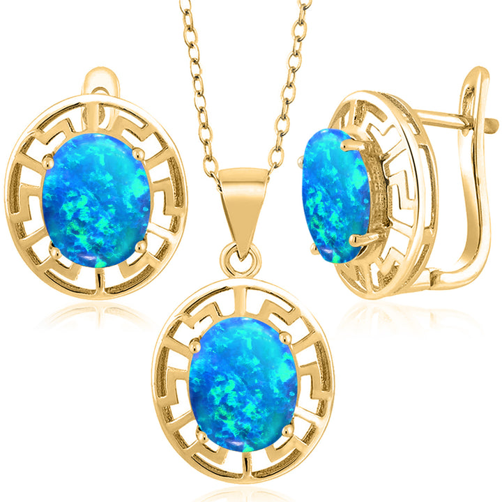 Blue Opal - October_Pendant Earrings Set in 925 Yellow Gold Plated Silver