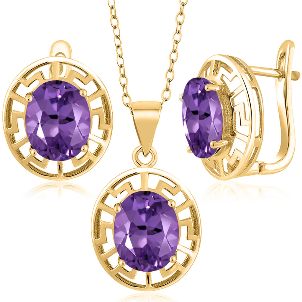 Amethyst - February_Pendant Earrings Set in 925 Yellow Gold Plated Silver