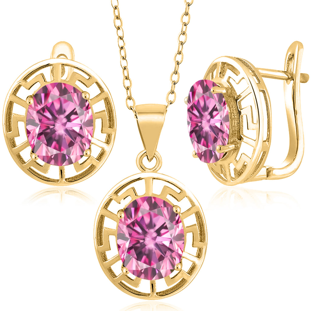 Pink Moissanite - April_Pendant Earrings Set in 925 Yellow Gold Plated Silver
