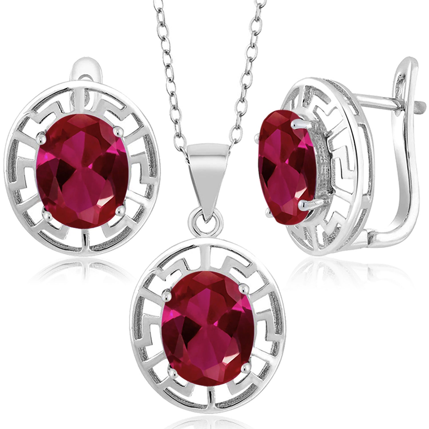 Created Ruby - July_Pendant Earrings Set in 925 Sterling Silver