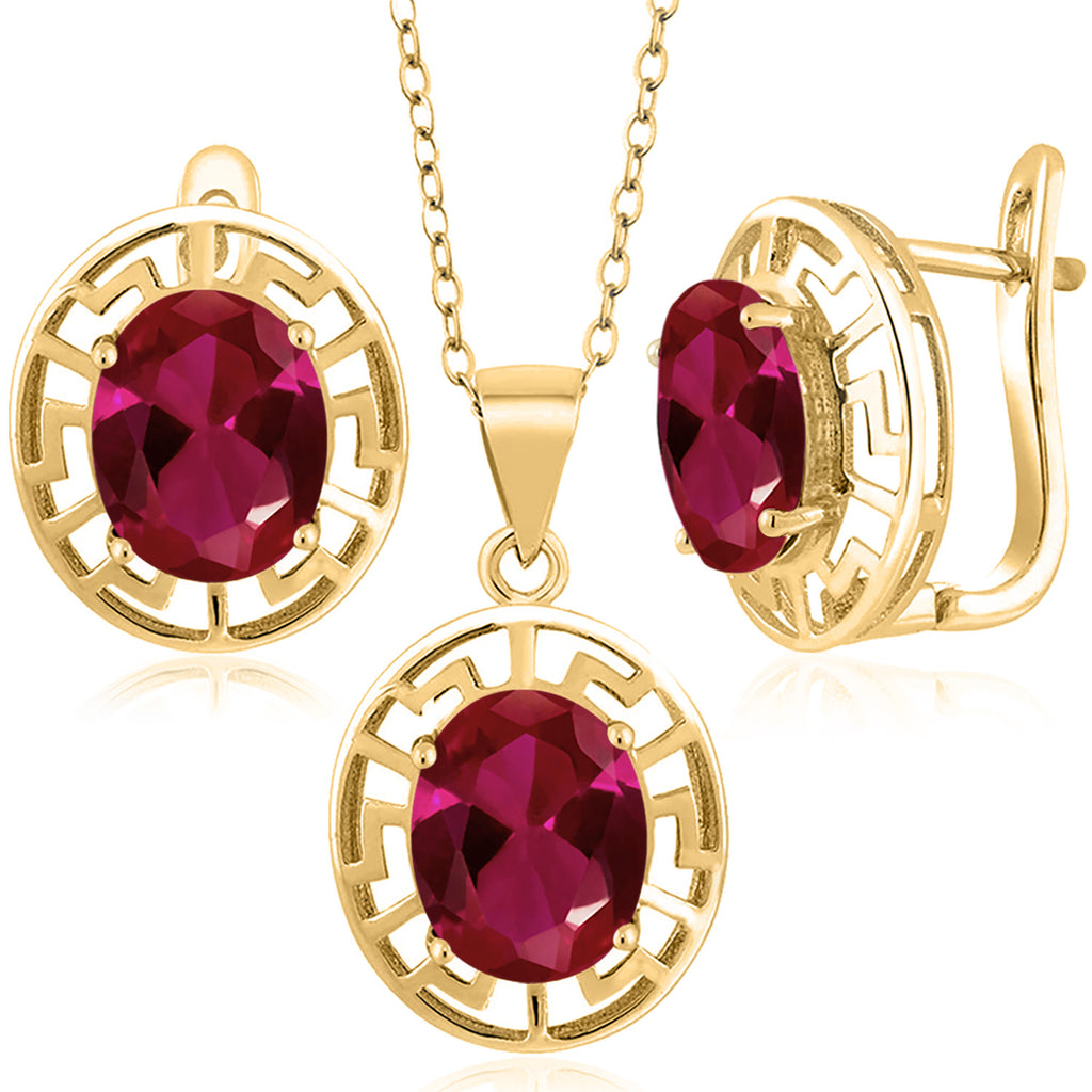 Created Ruby - July_Pendant Earrings Set in 925 Yellow Gold Plated Silver