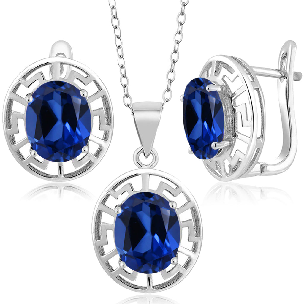 Created Sapphire - September_Pendant Earrings Set in 925 Sterling Silver