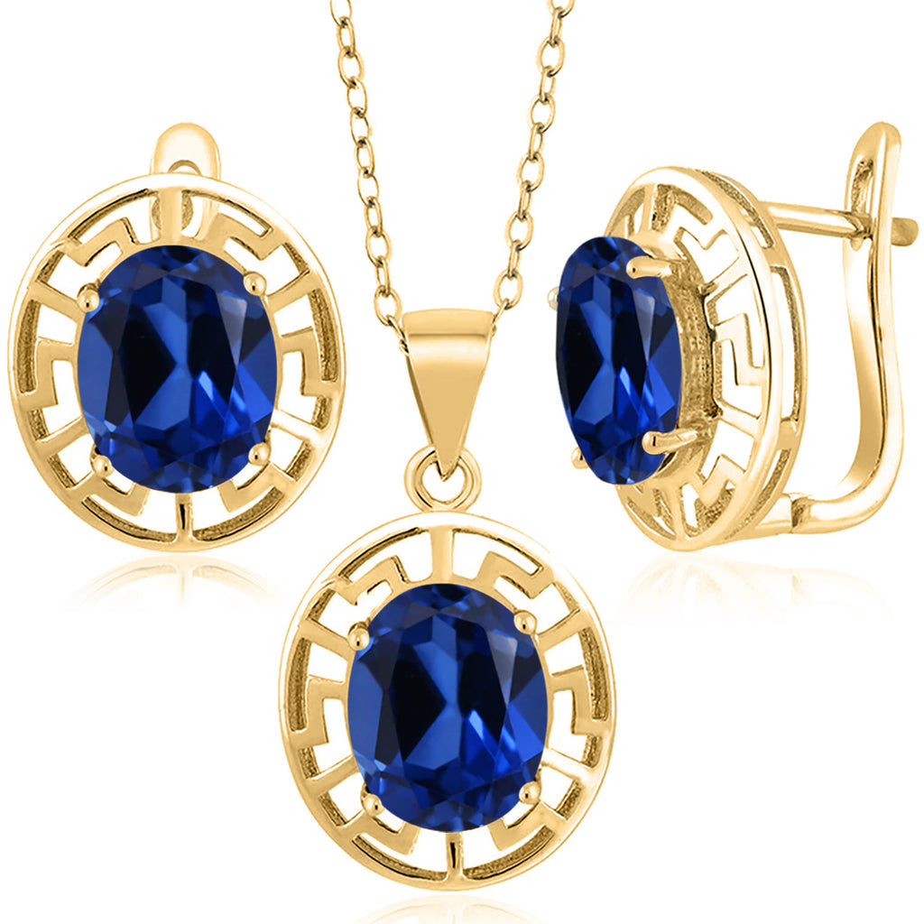 Created Sapphire - September_Pendant Earrings Set in 925 Yellow Gold Plated Silver