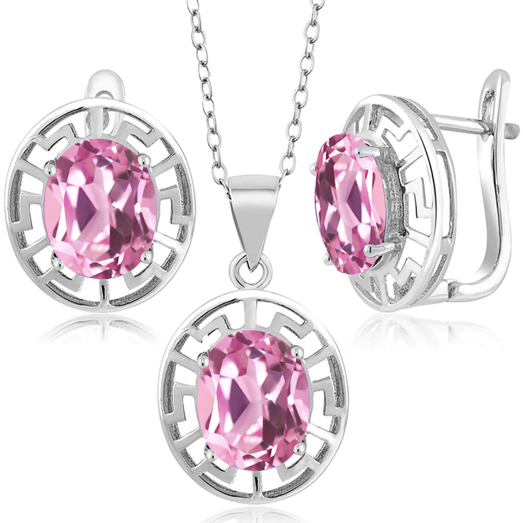 Light Pink Created Sapphire - September_Pendant Earrings Set in 925 Sterling Silver