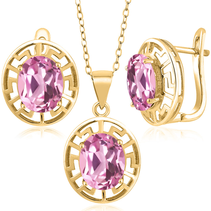 Light Pink Created Sapphire - September_Pendant Earrings Set in 925 Yellow Gold Plated Silver