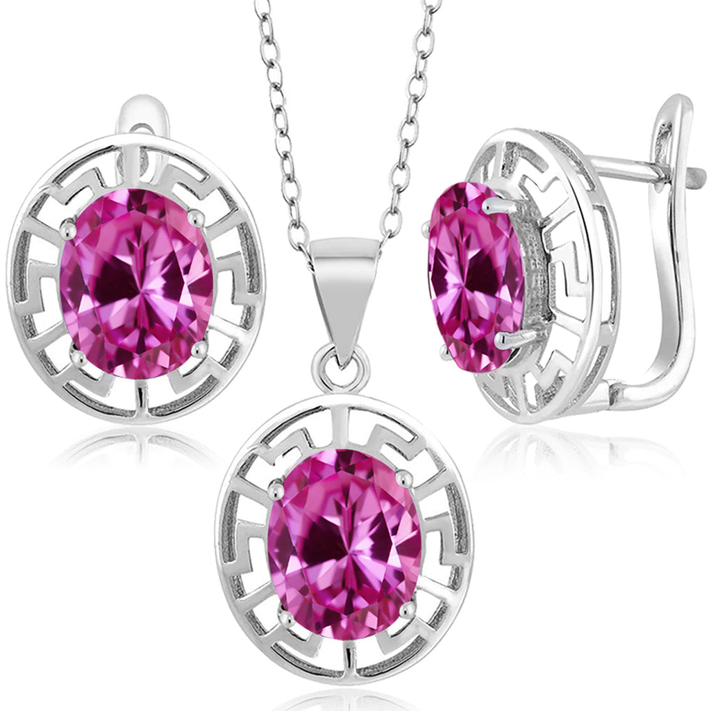 Pink Created Sapphire - September_Pendant Earrings Set in 925 Sterling Silver
