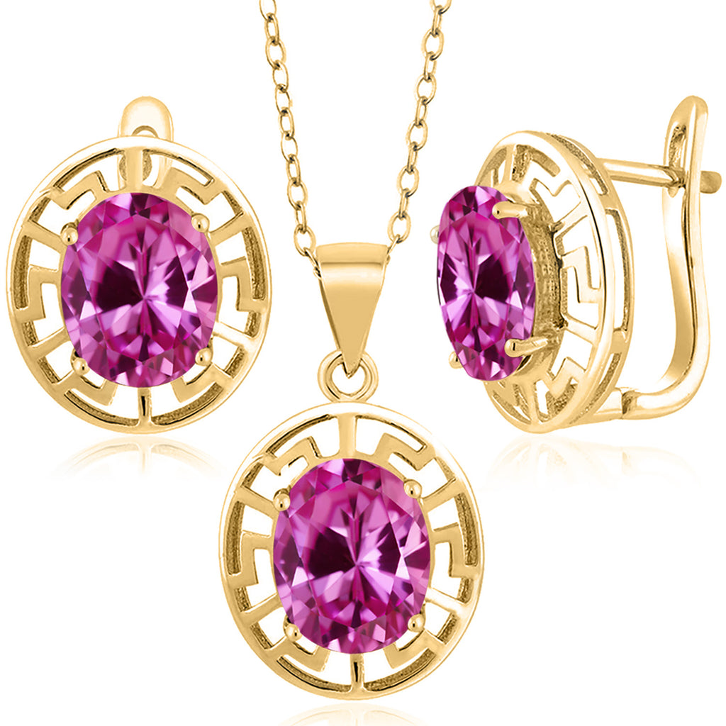 Pink Created Sapphire - September_Pendant Earrings Set in 925 Yellow Gold Plated Silver