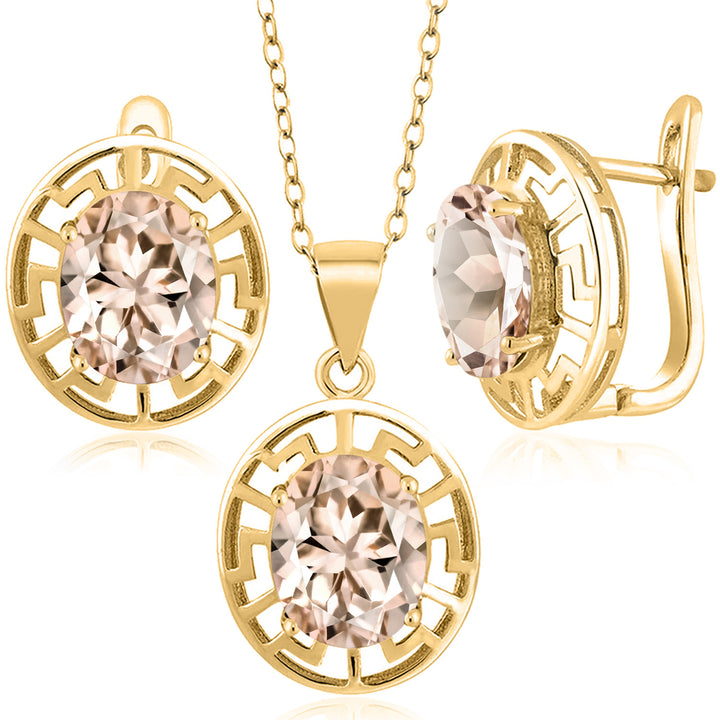 Morganite - October_Pendant Earrings Set in 925 Yellow Gold Plated Silver