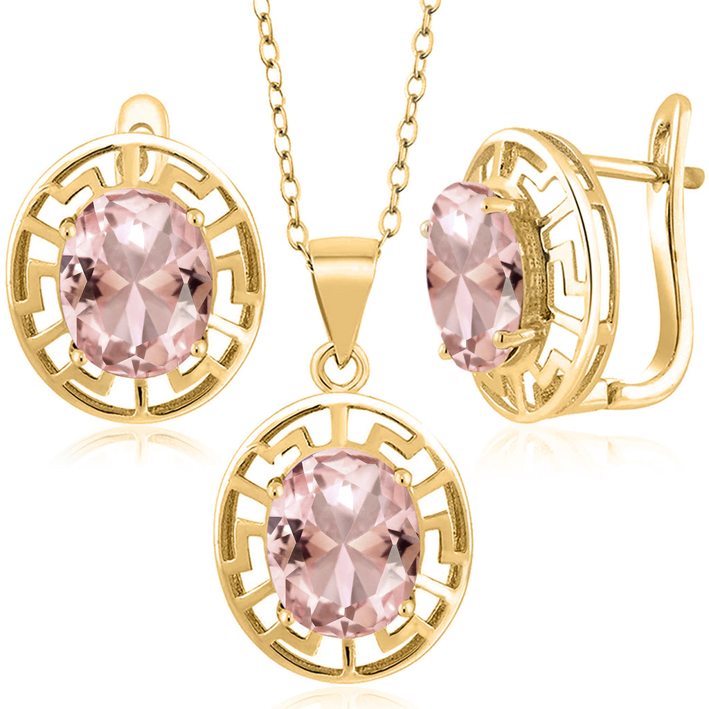 Nano Morganite - October_Pendant Earrings Set in 925 Yellow Gold Plated Silver