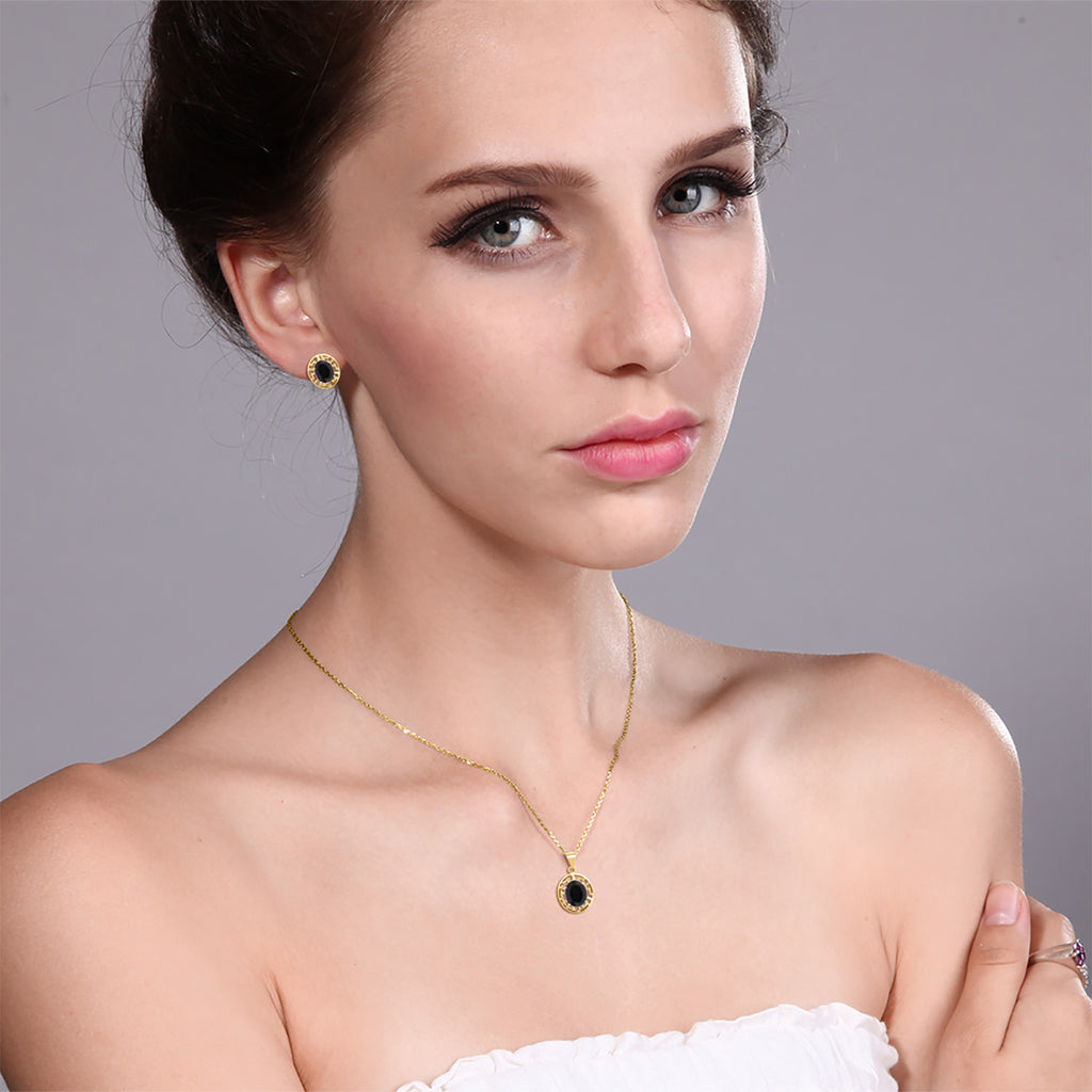 Onyx - December_Pendant Earrings Set in 925 Yellow Gold Plated Silver