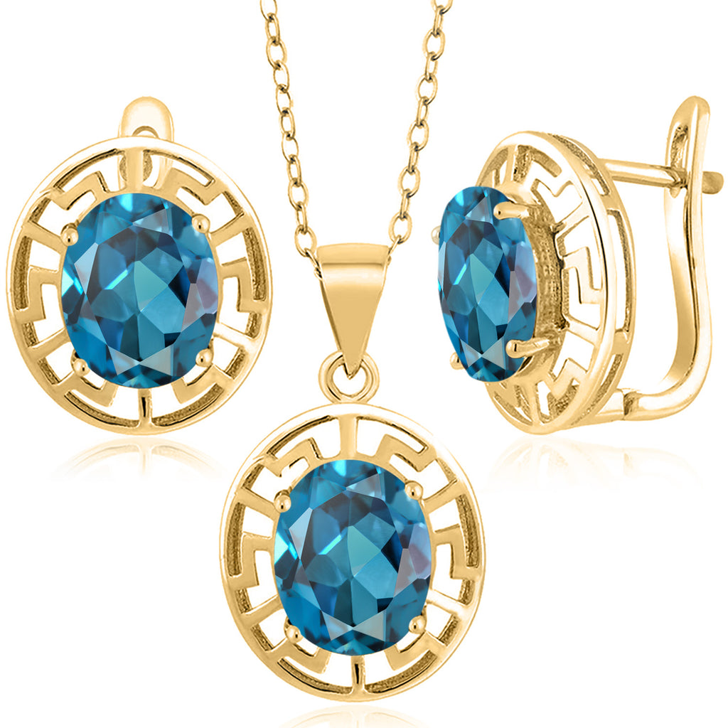 London Blue Topaz - November_Pendant Earrings Set in 925 Yellow Gold Plated Silver