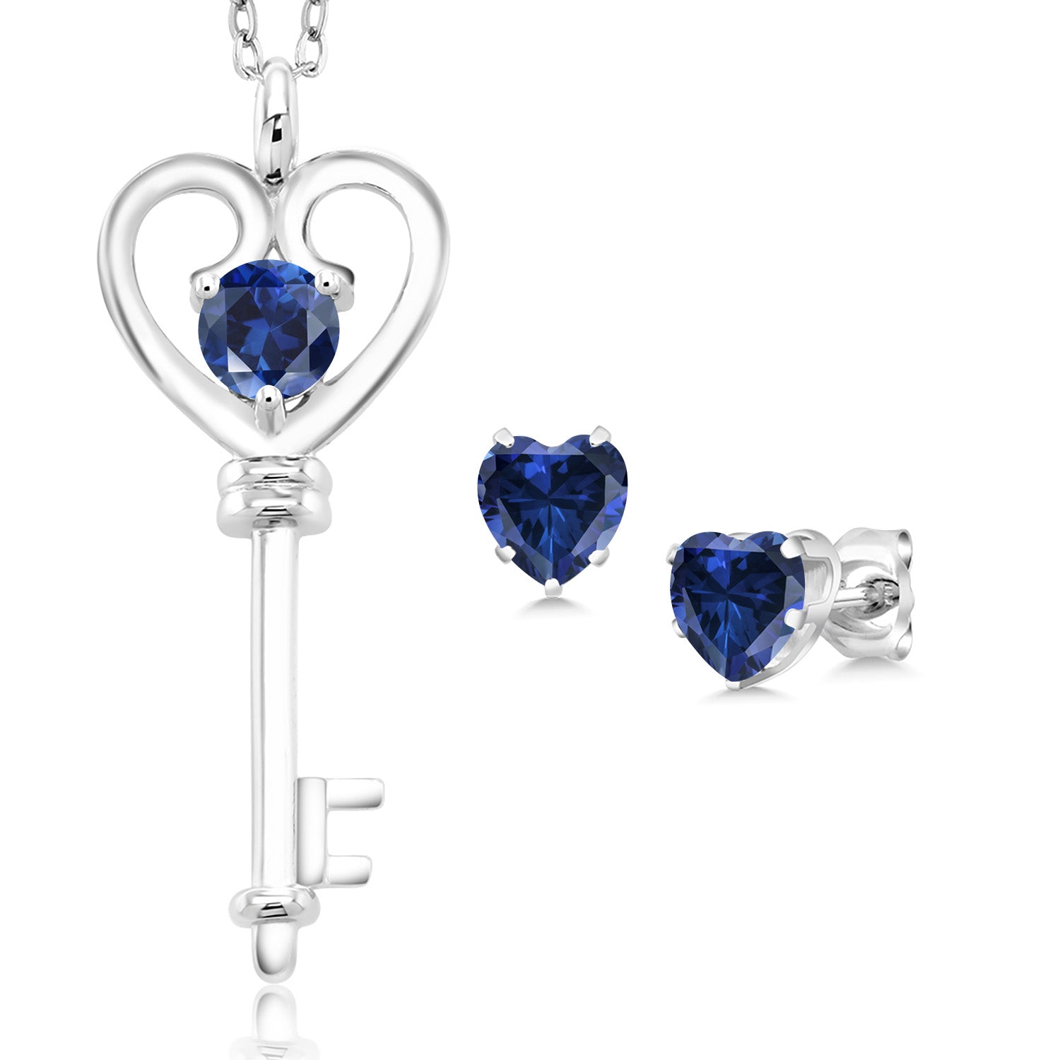 925 Sterling Silver Round Blue Created Sapphire Key Pendant and Earrings Jewelry Set For Women (1.82 Cttw, with 18 Inch Chain)