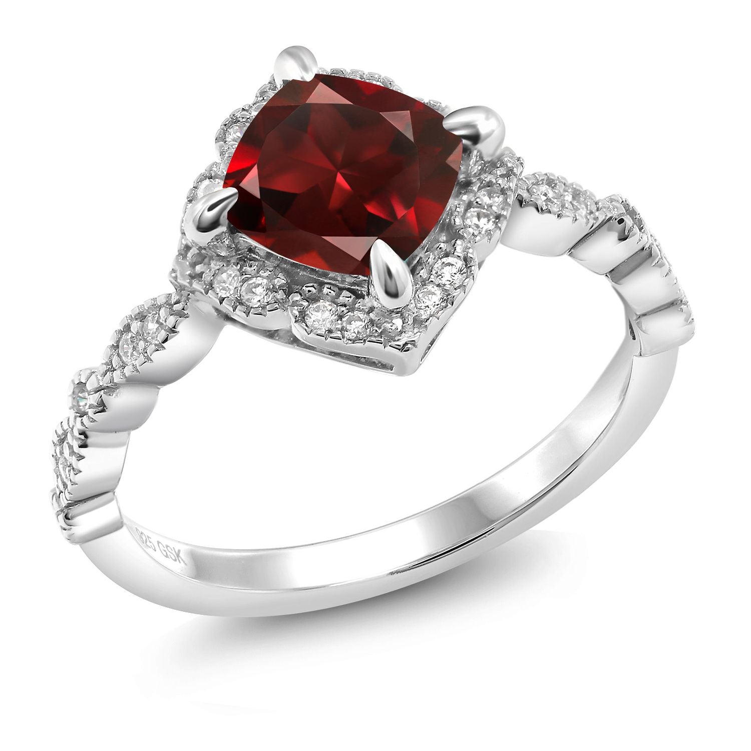 925 Sterling Silver Red Garnet and Moissanite Solitaire Ring For Women (2.19 Cttw, Cushion Cut 7MM, Gemstone, Available in Size 5, 6, 7, 8, 9)