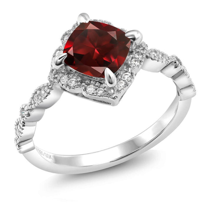 925 Sterling Silver Red Garnet and Moissanite Solitaire Ring For Women (2.19 Cttw, Cushion Cut 7MM, Gemstone, Available in Size 5, 6, 7, 8, 9)