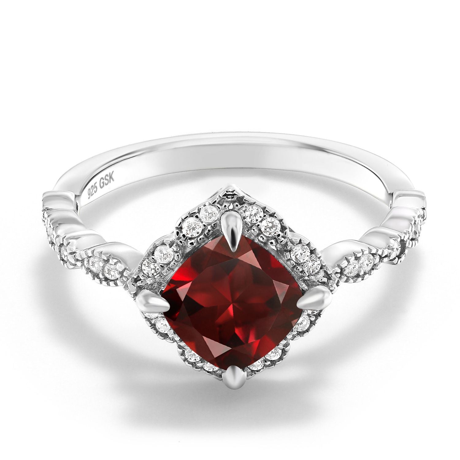 925 Sterling Silver Red Garnet and Moissanite Solitaire Ring For Women (2.19 Cttw, Cushion Cut 7MM, Gemstone, Available in Size 5, 6, 7, 8, 9)