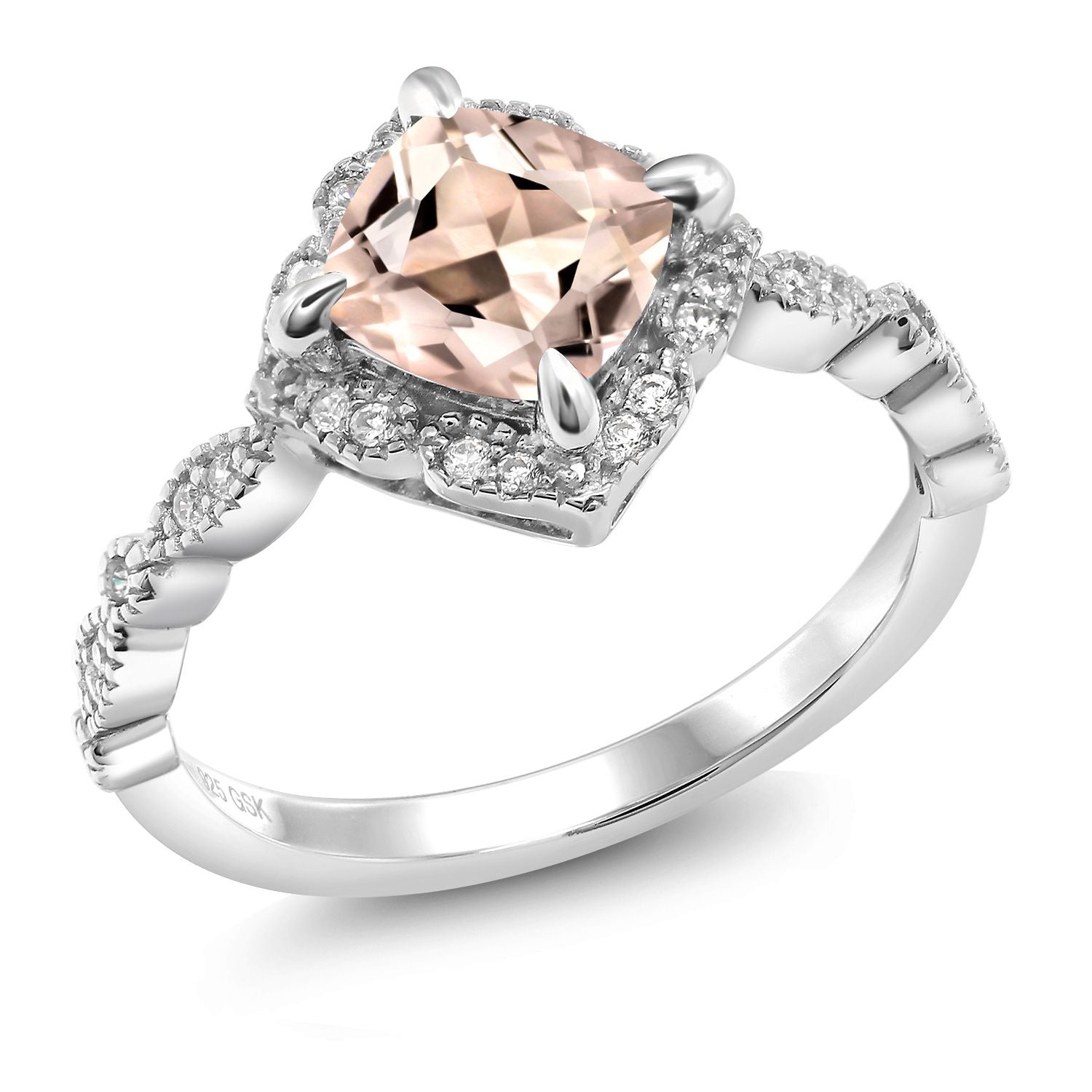 925 Sterling Silver Peach Morganite and Moissanite Solitaire Ring For Women (1.64 Cttw, Cushion Cut 7MM, Gemstone, Available in Size 5, 6, 7, 8, 9)