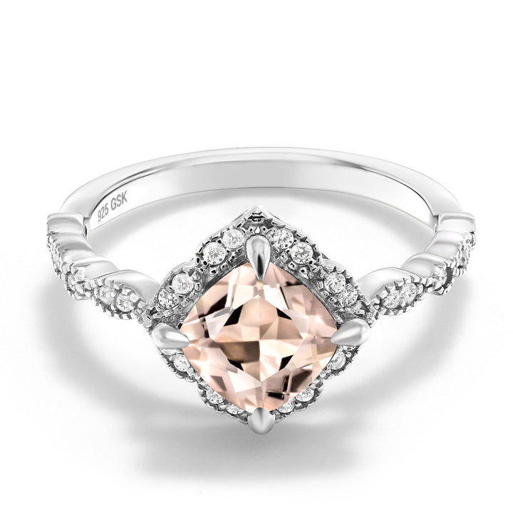 925 Sterling Silver Peach Morganite and Moissanite Solitaire Ring For Women (1.64 Cttw, Cushion Cut 7MM, Gemstone, Available in Size 5, 6, 7, 8, 9)