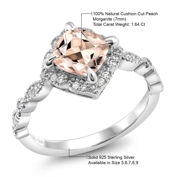 925 Sterling Silver Peach Morganite and Moissanite Solitaire Ring For Women (1.64 Cttw, Cushion Cut 7MM, Gemstone, Available in Size 5, 6, 7, 8, 9)