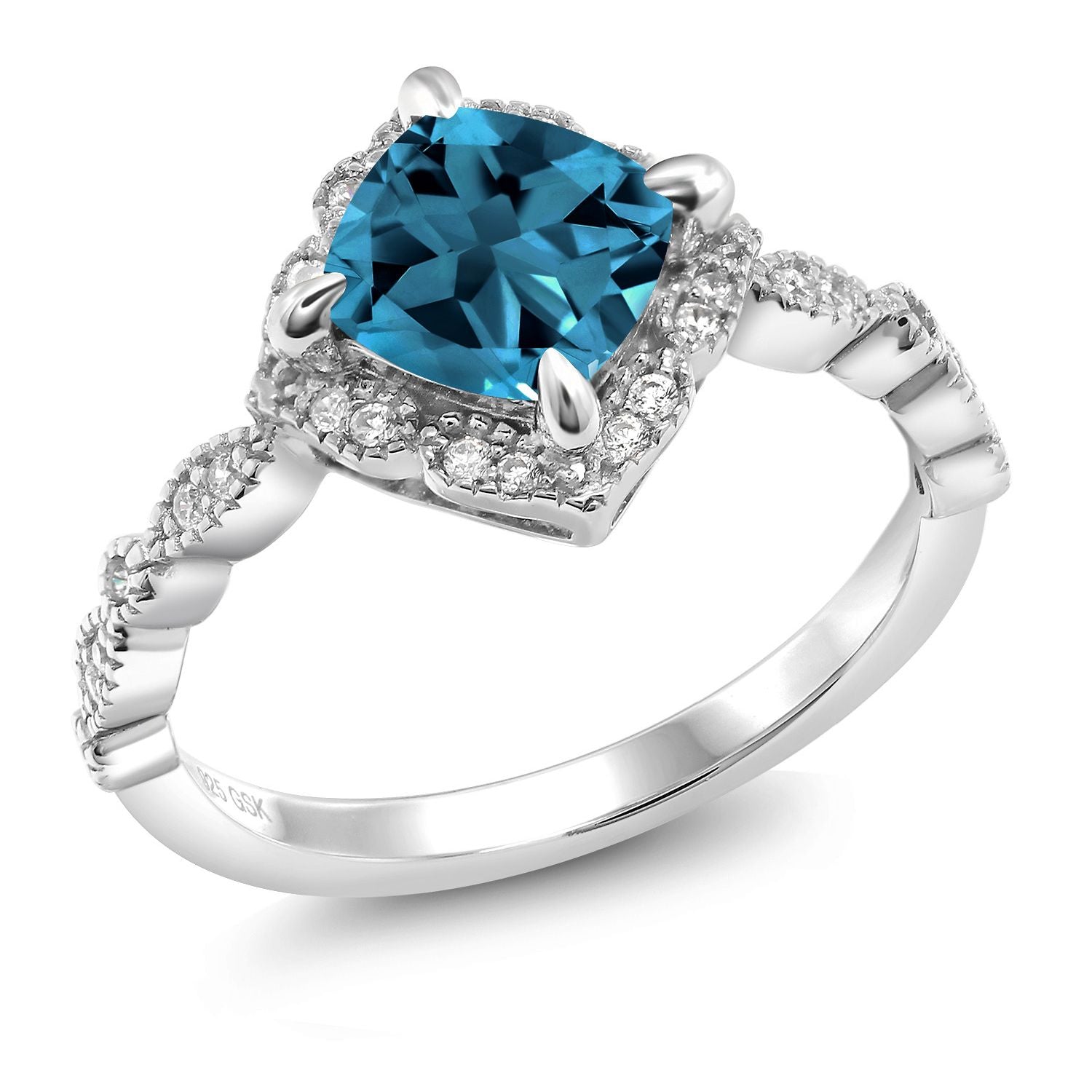 925 Sterling Silver London Blue Topaz and Moissanite Solitaire Engagement Ring For Women | 2.19 Cttw | Cushion Cut 7MM | Gemstone Birthstone | Available in Size 5, 6, 7, 8, 9