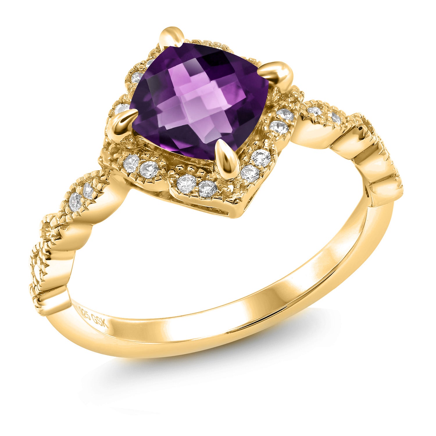 Amethyst-Checkerboard - February_6_Ring in 925 Yellow Gold Plated Silver
