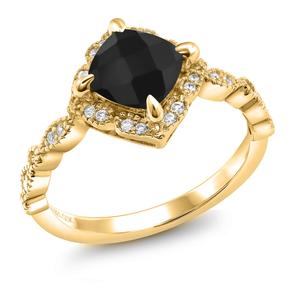 Onyx-Checkerboard - December_7_Ring in 925 Yellow Gold Plated Silver