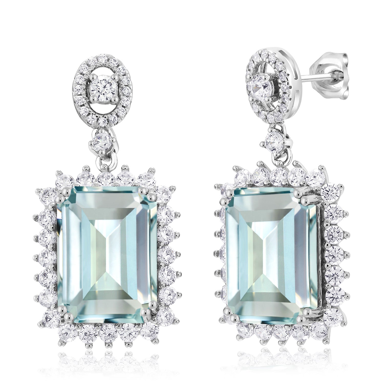 925 Sterling Silver Sky Blue Simulated Aquamarine Earrings | Emerald Cut 14X10MM Dangle Earrings For Women | Gemstone March Birthstone | 13.88 Cttw