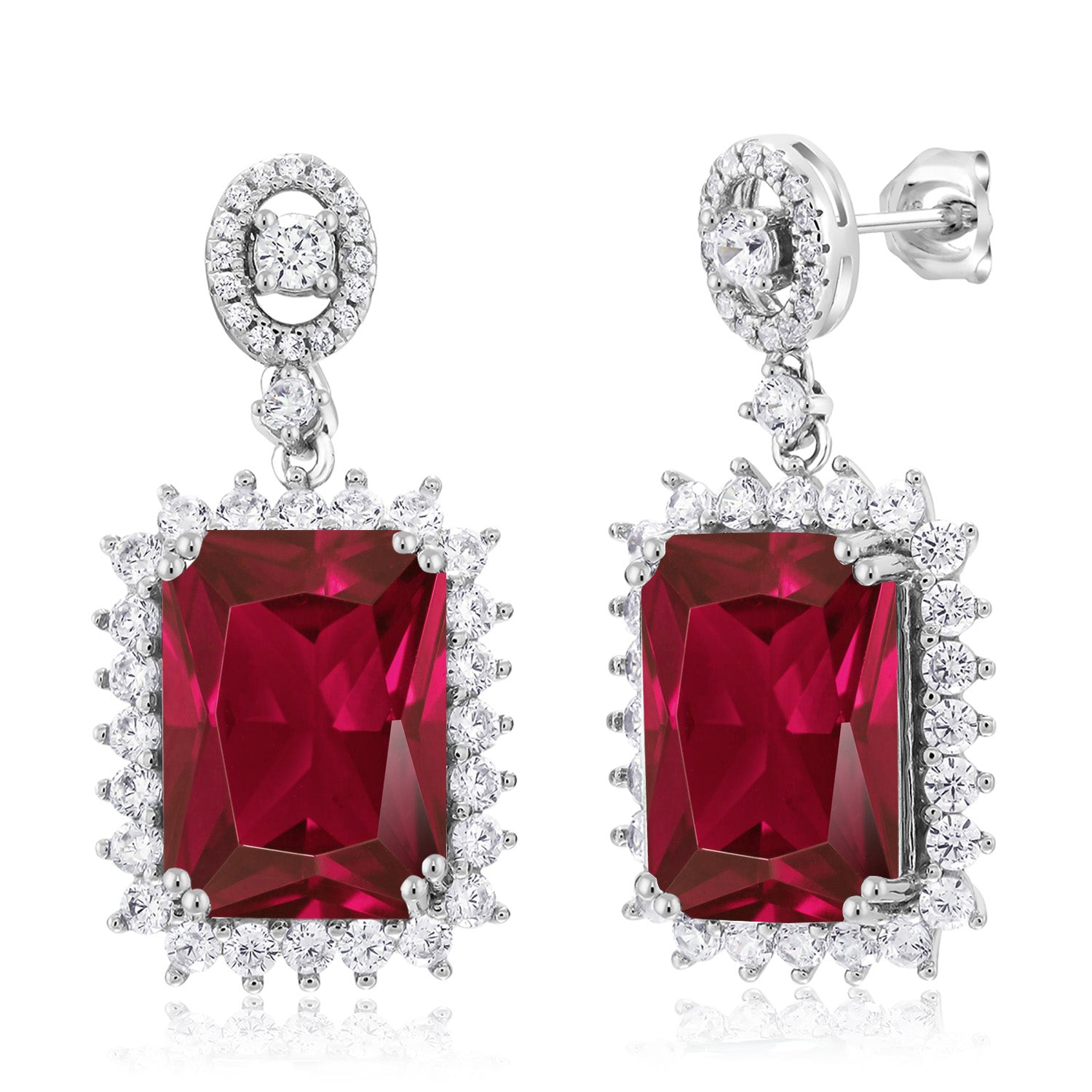 925 Sterling Silver Red Created Ruby Dangle Earrings For Women (16.60 Cttw, Gemstone July Birthstone, Emerald Cut 14X10MM)