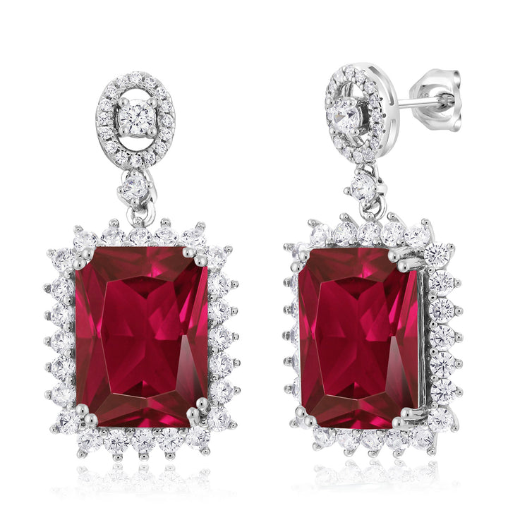 925 Sterling Silver Red Created Ruby Dangle Earrings For Women (16.60 Cttw, Gemstone July Birthstone, Emerald Cut 14X10MM)