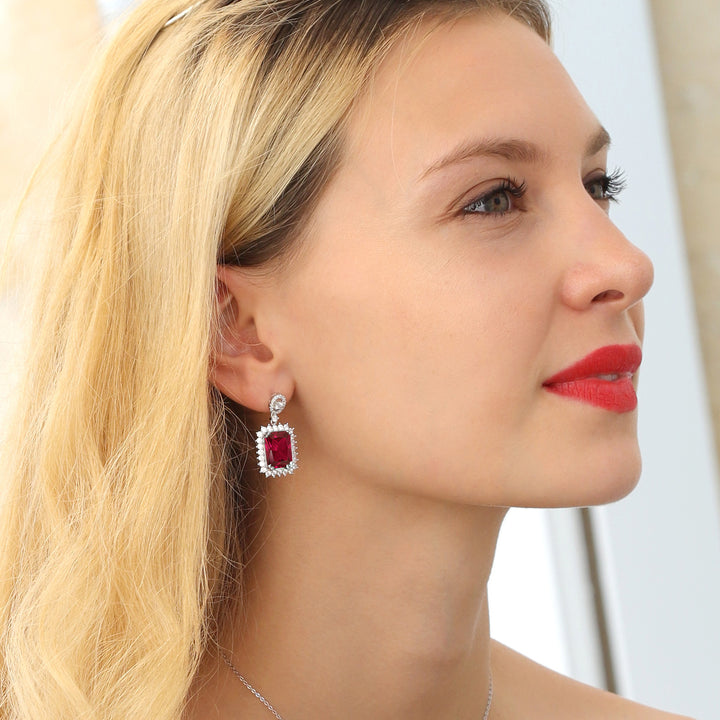 925 Sterling Silver Red Created Ruby Dangle Earrings For Women (16.60 Cttw, Gemstone July Birthstone, Emerald Cut 14X10MM)