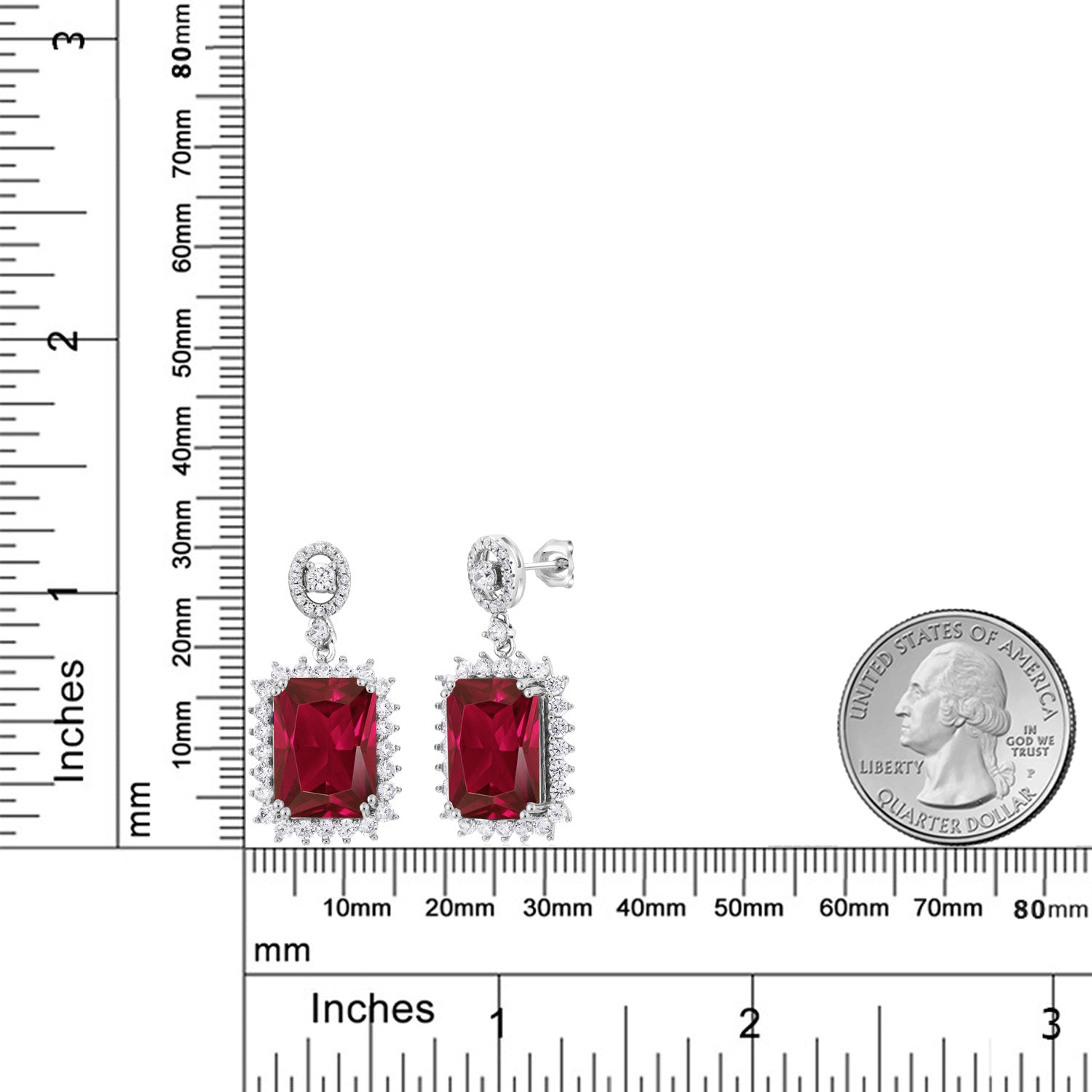 925 Sterling Silver Red Created Ruby Dangle Earrings For Women (16.60 Cttw, Gemstone July Birthstone, Emerald Cut 14X10MM)