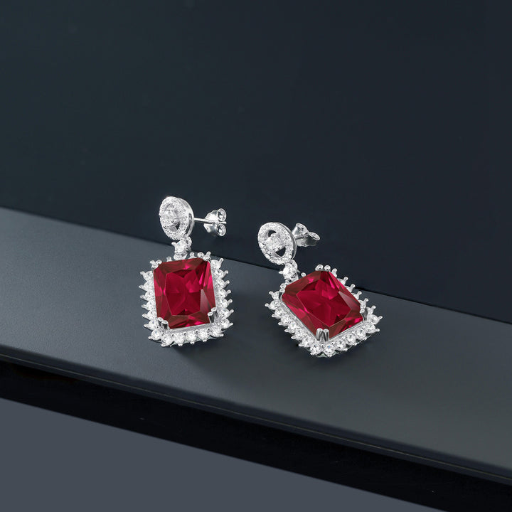 925 Sterling Silver Red Created Ruby Dangle Earrings For Women (16.60 Cttw, Gemstone July Birthstone, Emerald Cut 14X10MM)