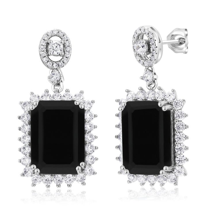 925 Sterling Silver Black Onyx Dangle Earrings For Women (10.60 Cttw, Gemstone December Birthstone, Octagon 14X10MM)