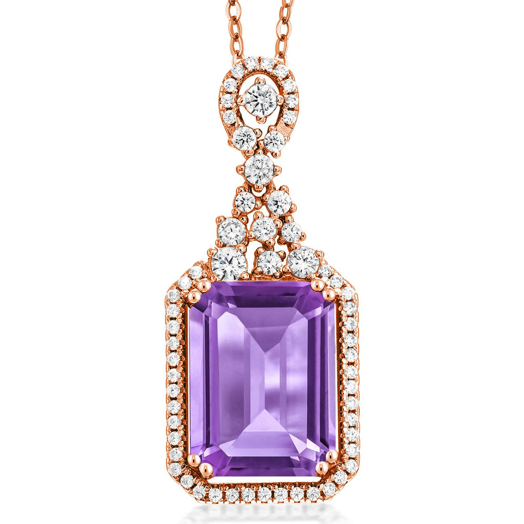 Gem Stone King 5-10 Cttw Emerald Cut Pendant Necklace For Women | 14X10MM Gemstone Birthstone | 18K Rose Gold Plated Silver | With 18 Inch Silver Chain