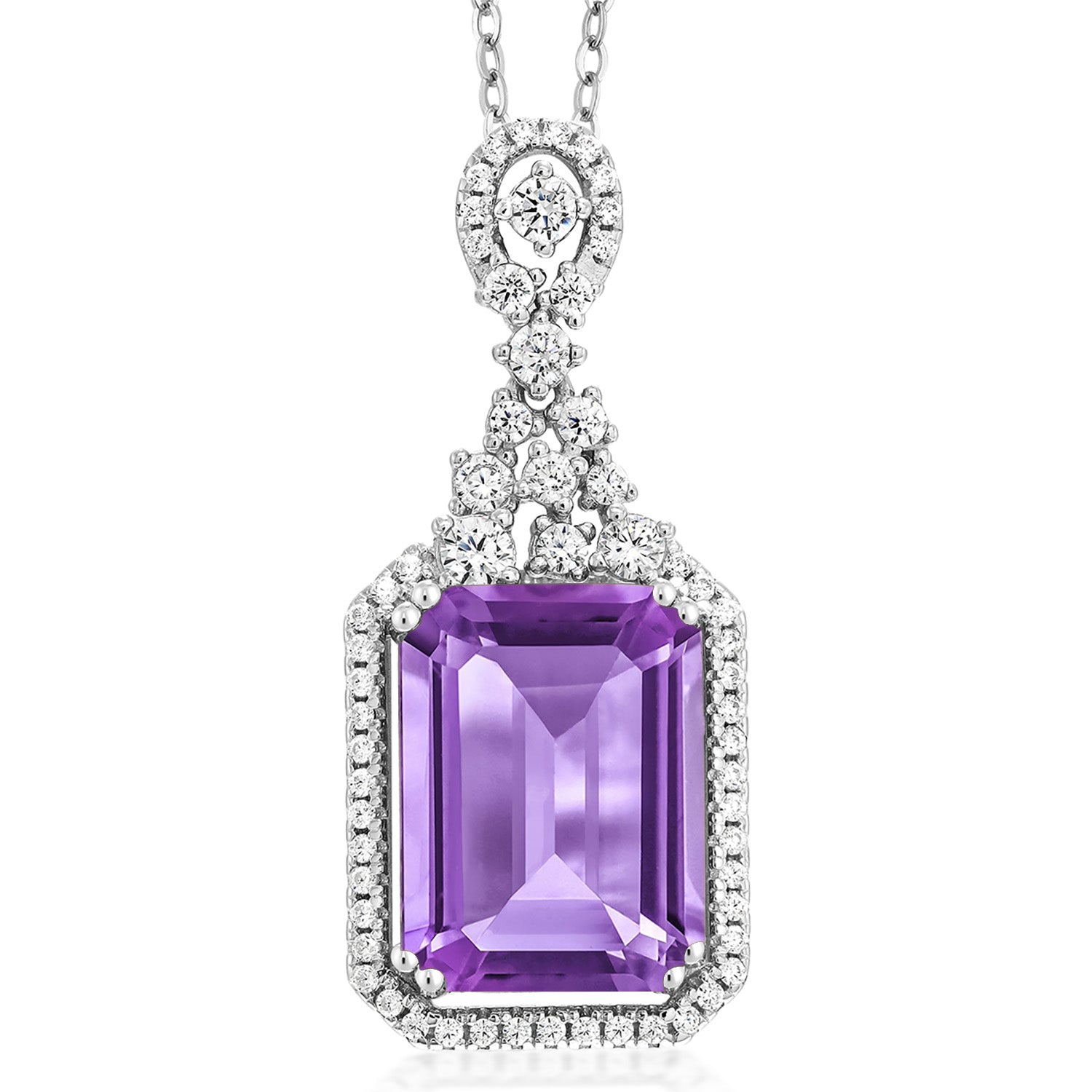 925 Sterling Silver Purple Amethyst Pendant Necklace For Women (6.85 Cttw, Gemstone Birthstone, Emerald Cut 14X10MM, with 18 Inch Silver Chain)