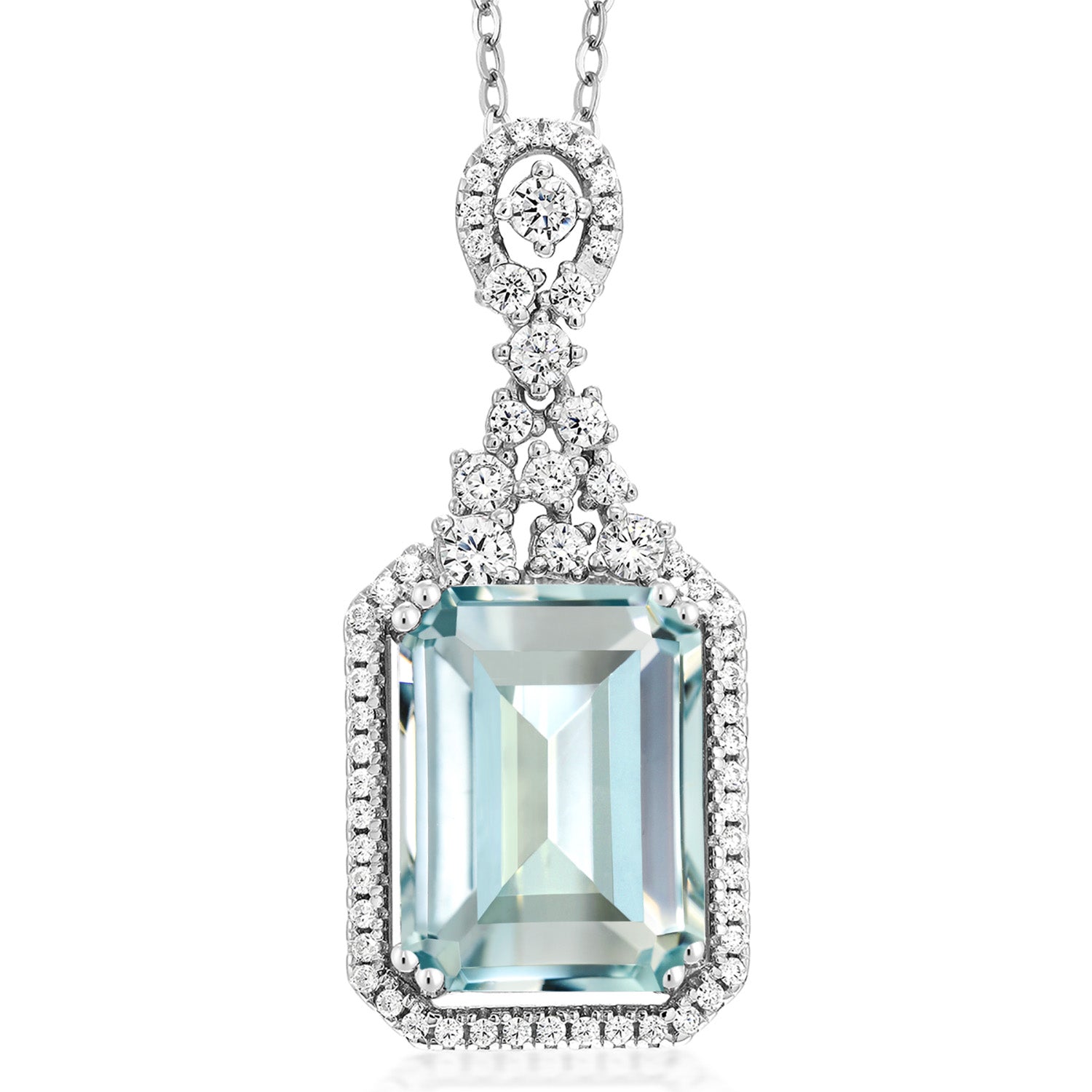 7.24 Cttw Sky Blue Simulated Aquamarine Necklace In 925 Sterling Silver | Emerald Cut 14X10MM Pendant Necklace For Women | With 18 Inch Silver Chain