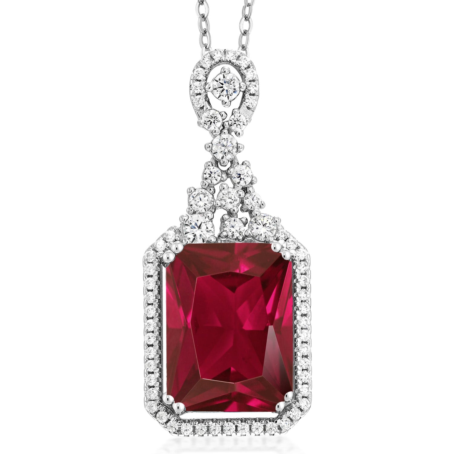 925 Sterling Silver Red Created Ruby Pendant Necklace For Women (5.60 Cttw, Emerald Cut 14X10MM, with 18 Inch Silver Chain)