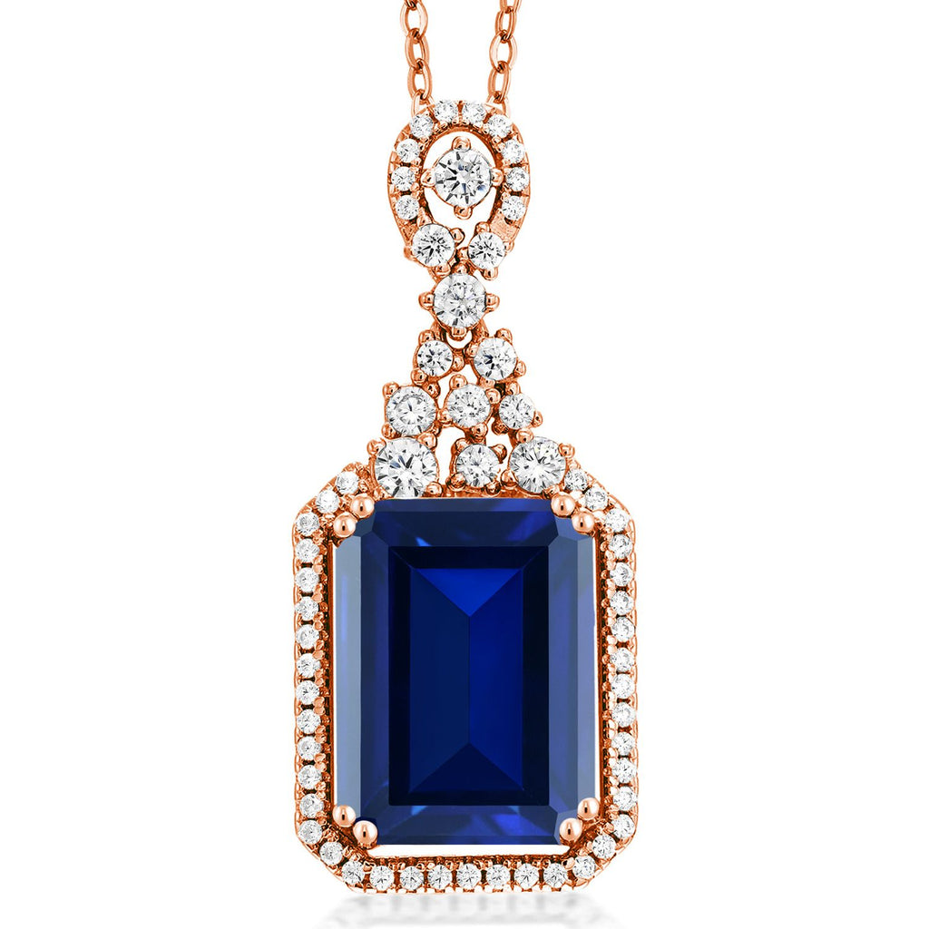 Blue Created Sapphire - September_Pendant in 925 Rose Gold Plated Silver