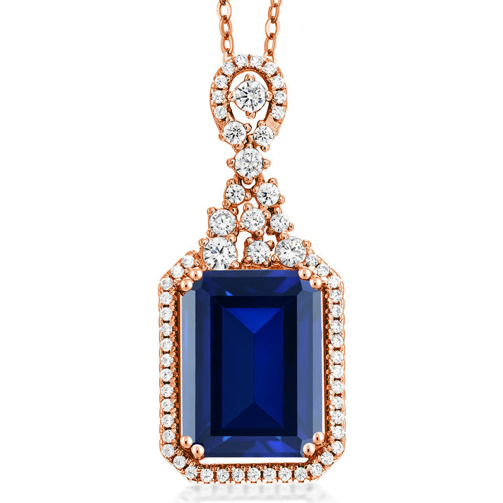 Blue Created Sapphire - September_Pendant in 925 Rose Gold Plated Silver