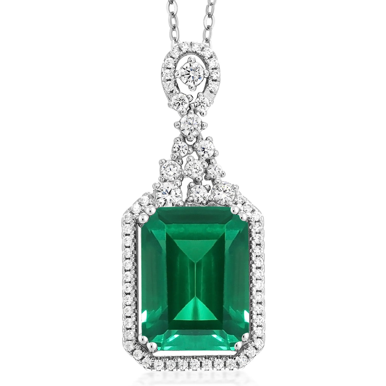 925 Sterling Silver Green Simulated Emerald Pendant Necklace For Women (7.10 Cttw, Emerald Cut 14X10MM, with 18 Inch Silver Chain)