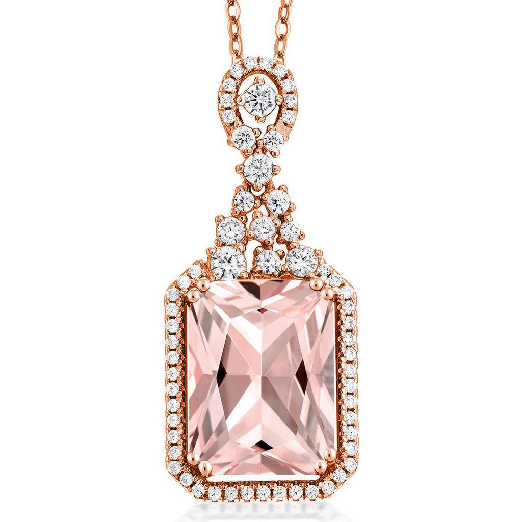 Gem Stone King 5-10 Cttw Emerald Cut Pendant Necklace For Women | 14X10MM Gemstone Birthstone | 18K Rose Gold Plated Silver | With 18 Inch Silver Chain