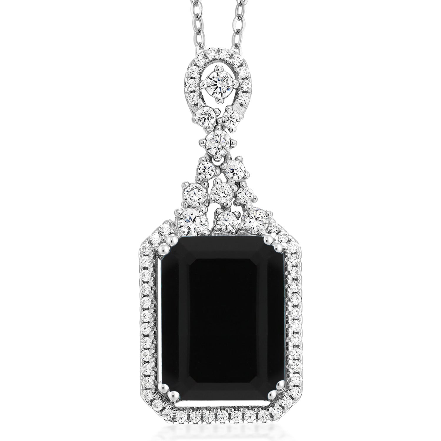 925 Sterling Silver Black Onyx Pendant Necklace For Women (7.20 Cttw, Gemstone Birthstone, Emerald Cut 14X10MM, with 18 Inch Silver Chain)