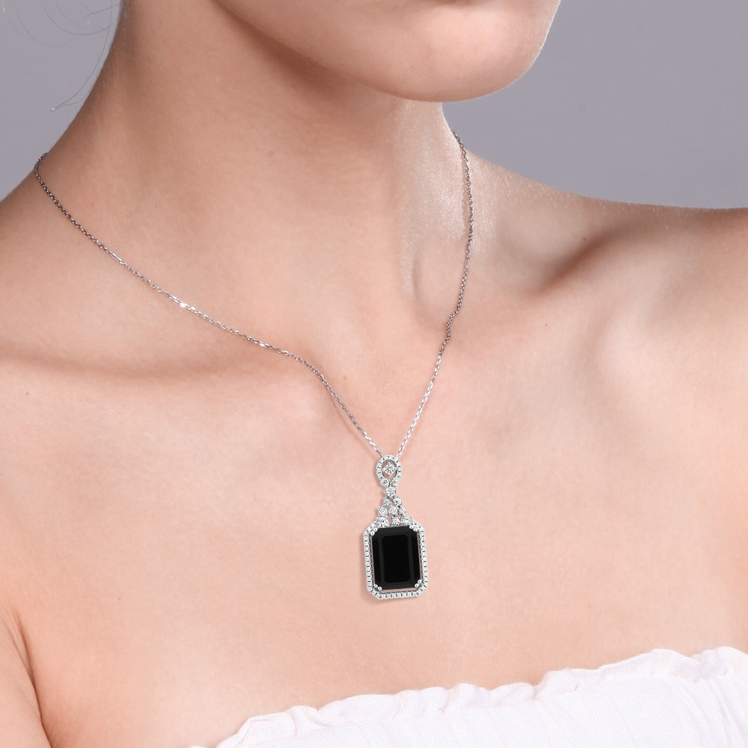 925 Sterling Silver Black Onyx Pendant Necklace For Women (7.20 Cttw, Gemstone Birthstone, Emerald Cut 14X10MM, with 18 Inch Silver Chain)